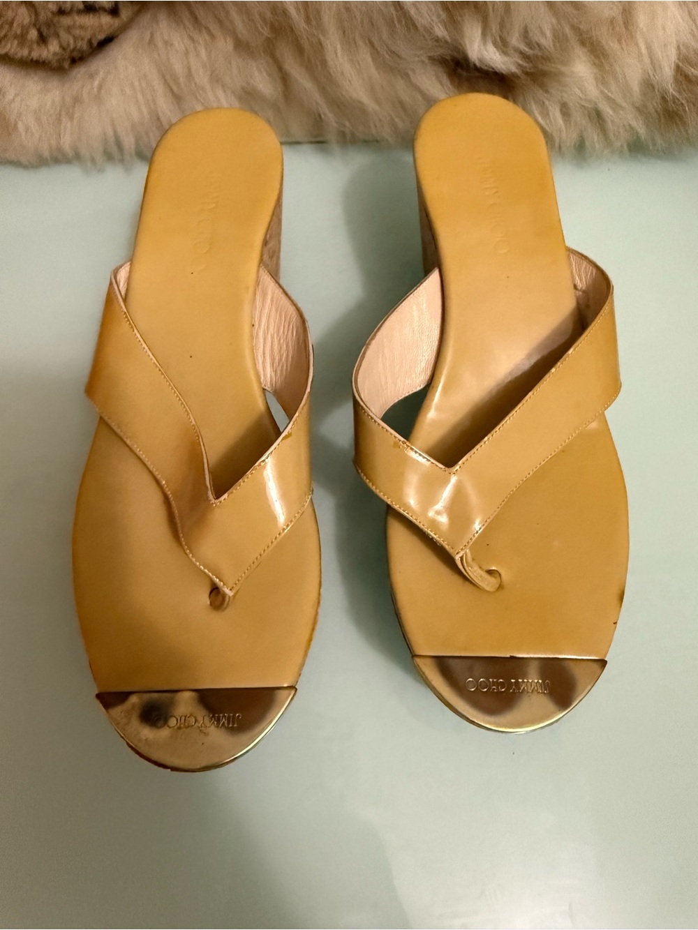 Jimmy Choo Mustard Leather Thong Wedges - Gold Toe Accent